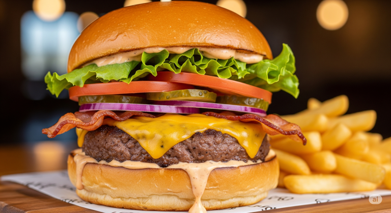 Burger stojący na stole razem z frytkami